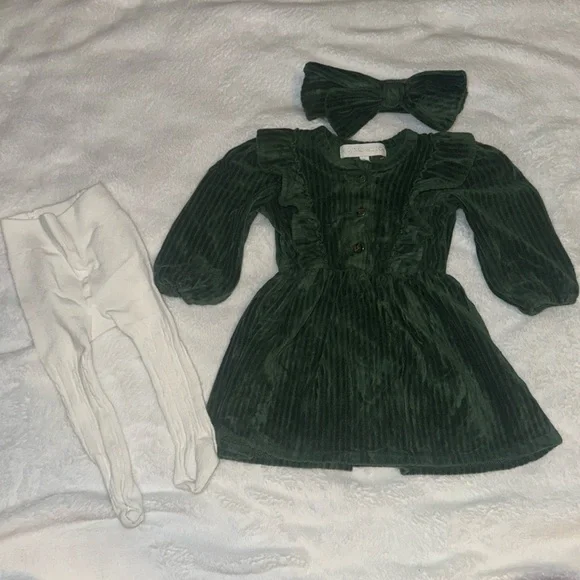 RZ by Rachel Zoe Green Girls 6/9M Dress with Bow and Tights - Picture 1 of 6